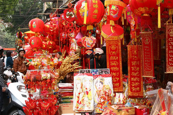Preparations for vietnamese new year hang ma street